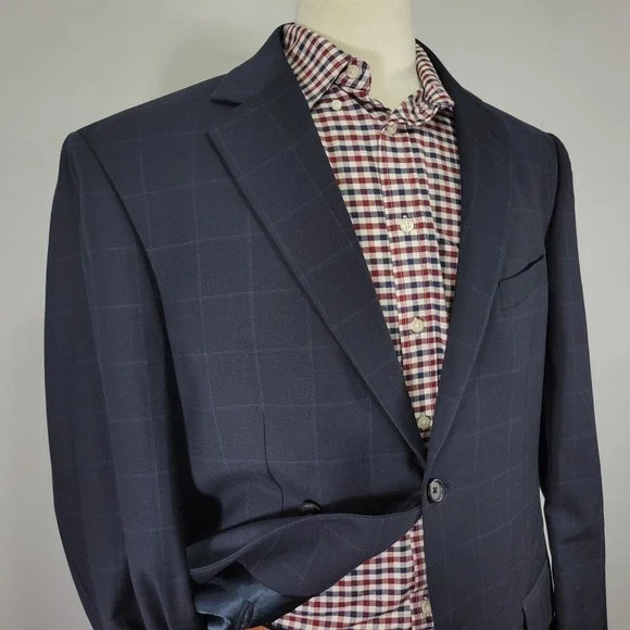 Nautica Men's Sport Coat Blazer Two Button Navy Blue Plaid‎ Wool Size 44R